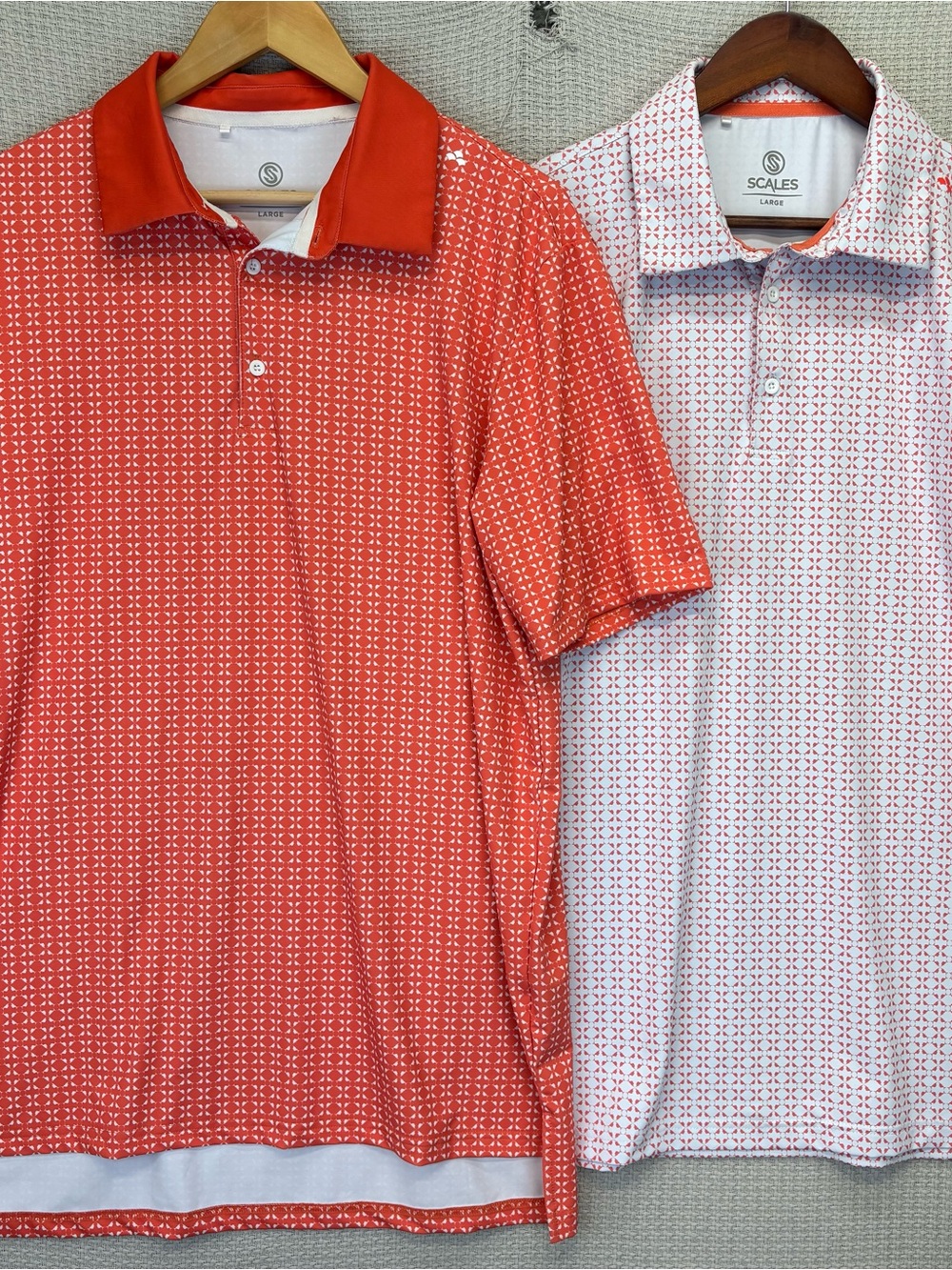 Lot Of 2 Scales Golf Performance Polo Mens Large Shirt Orange Geometric EUC